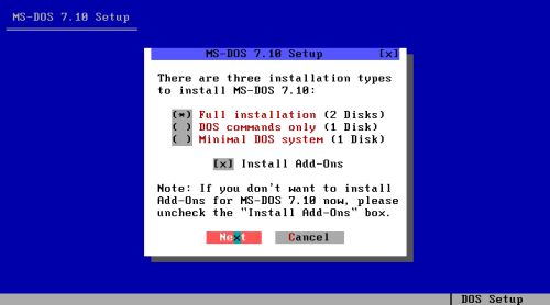 DOS triple boot: Installation of MS-DOS 7.10 - Choosing the installation type
