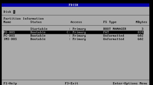 DOS triple boot: Preparing PC-DOS 2000 installation - Disk layout after the installation of MS-DOS 7.10