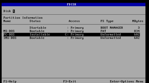 DOS triple boot: Preparing PC-DOS 2000 installation - Disk layout for the installation of PC-DOS 2000
