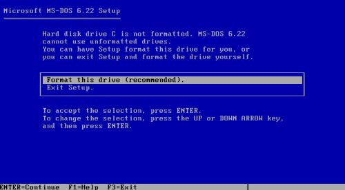 DOS triple boot: Preparing PC-DOS 2000 installation - Choosing to format drive C: for MS-DOS 6.22