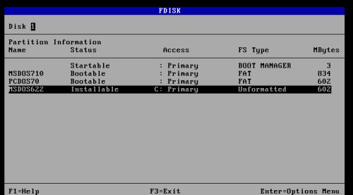 DOS triple boot: Preparing the installation of MS-DOS 6.22 - Disk layout for this installation