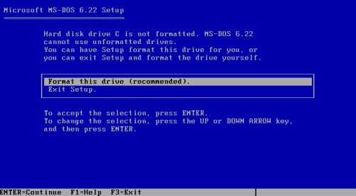 DOS triple boot: Installing MS-DOS 6.22 - Choosing to format drive C: