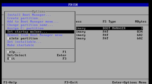 DOS triple boot: Configuring the OS/2 Boot Manager - Choosing to set the startup values