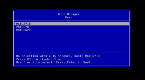 DOS triple boot: The OS/2 Boot Manager - Boot menu with entries for the 3 DOS systems
