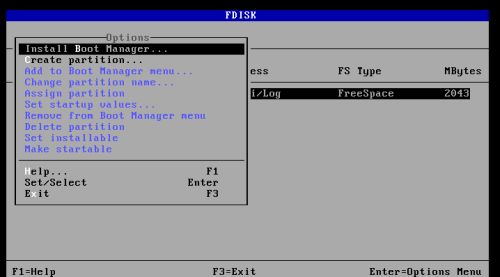 DOS triple boot: Installing the OS/2 boot manager - Choosing the fdisk option to install the boot manager