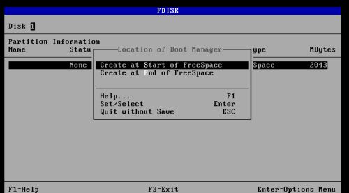 DOS triple boot: Installing the OS/2 boot manager - Creating the boot manager partition at the start of the free space