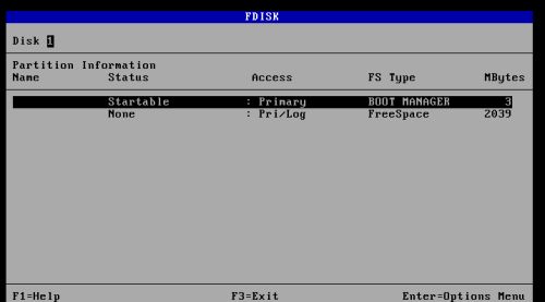 DOS triple boot: Installing the OS/2 boot manager - Disk layout after creation of the boot manager partition