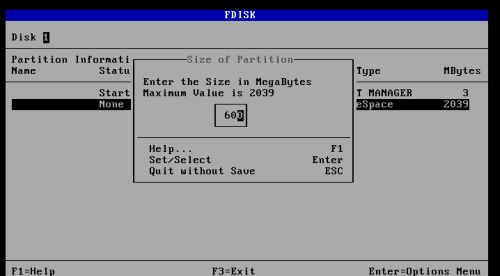 DOS triple boot: Creating the DOS partitions - Choosing a partition size (for the first partition)