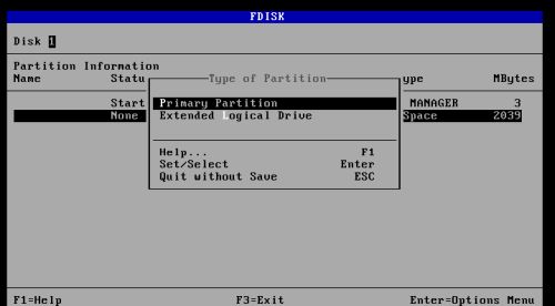 DOS triple boot: Creating the DOS partitions - Choosing to create a primary partition (for the first partition)