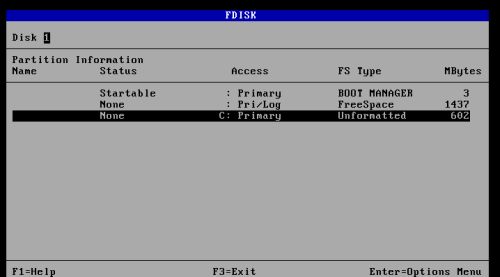 DOS triple boot: Creating the DOS partitions - Disk layout after the creation of the first DOS partition