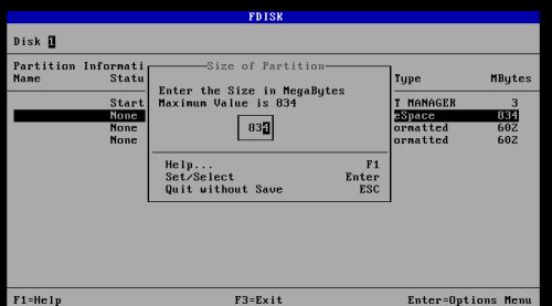 DOS triple boot: Creating the DOS partitions - Using the remaining free space (for the last partition)