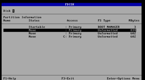 DOS triple boot: Creating the DOS partitions - Disk layout after the creation of the 4 primary partitions