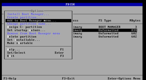 DOS triple boot: Adding the DOS partitions to the boot manager - Choosing to add the first partition to the boot menu