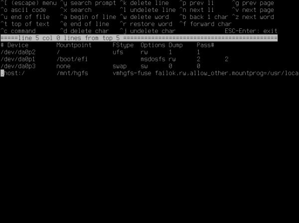 Installing FreeBSD on VMware: Editing the file '/etc/fstab'