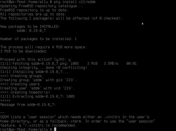 Installing FreeBSD on VMware: Installing SDDM