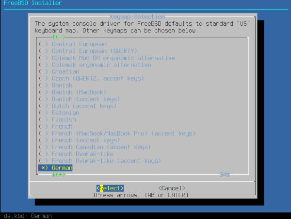 Installing FreeBSD on VMware: Choosing a keyboard layout