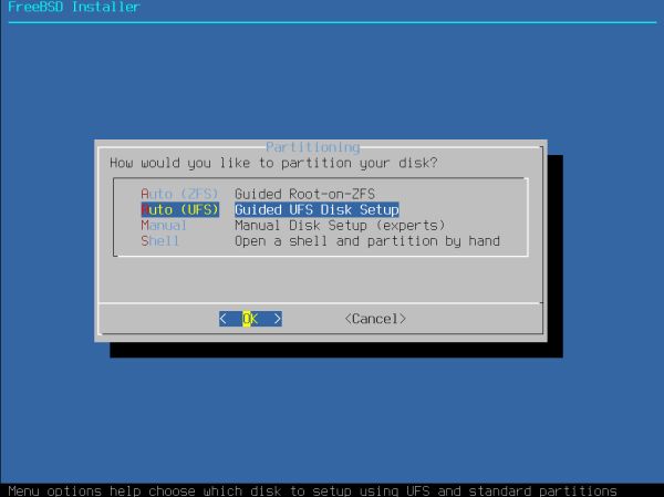 Installing FreeBSD on VMware: Partitioning - Choosing automatic disk setup using UFS