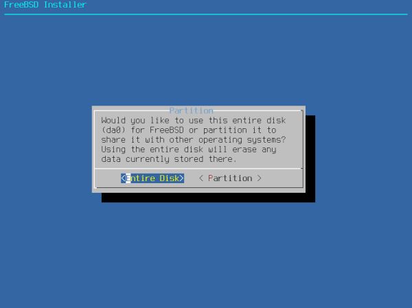 Installing FreeBSD on VMware: Partitioning - Choosing to use the entire disk