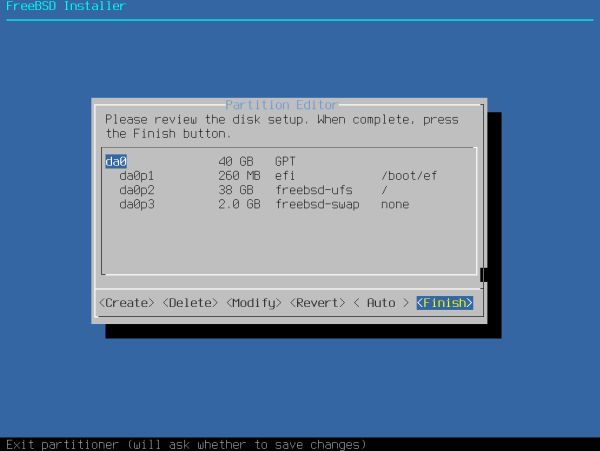 Installing FreeBSD on VMware: Partitioning - Display of the automatically chosen partition layout