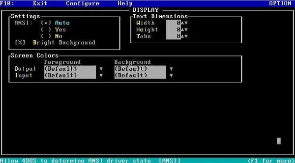 4DOS on FreeDOS: Configuration utility - Display screen