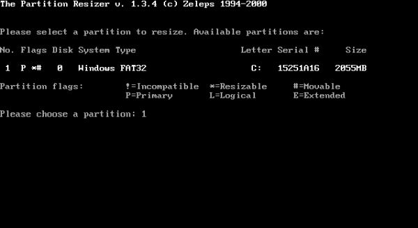 FreeDOS repartitioning: PResizer - choosing to resize/move the primary partition C: