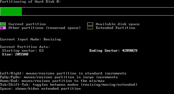 FreeDOS repartitioning: PResizer - original partition layout with a C: partition of 2 GB
