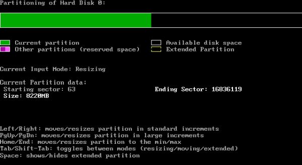 FreeDOS repartitioning: PResizer - new partition layout with a C: partition of 8 GB