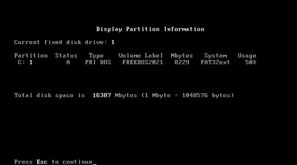 FreeDOS repartitioning: FDisk - The disk layout after resizing has been done