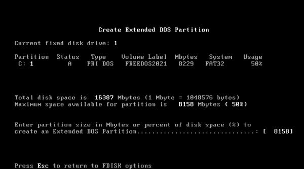 FreeDOS repartitioning: FDisk - Entering the size of the extended partition