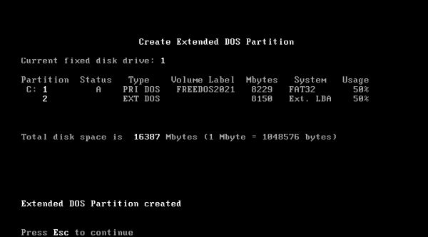 FreeDOS repartitioning: FDisk - Disk layout after the extended partition has been created