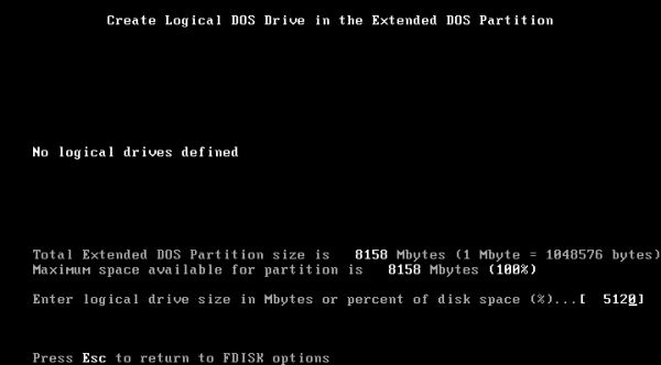 FreeDOS repartitioning: FDisk - Creating a first logical drive