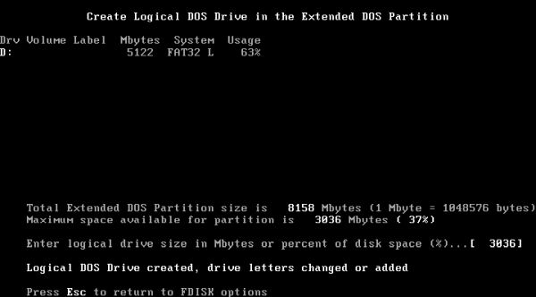FreeDOS repartitioning: FDisk - Creating a second logical drive