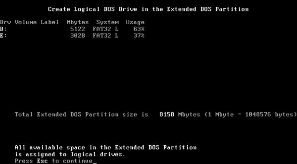 FreeDOS repartitioning: FDisk - Extended partition after the creation of two logical drives