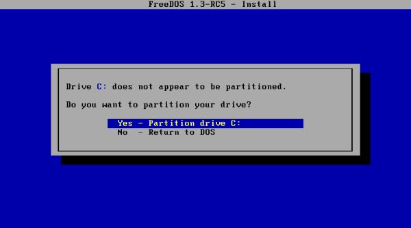 FreeDOS installation: Accept automatic partitioning of drive C: