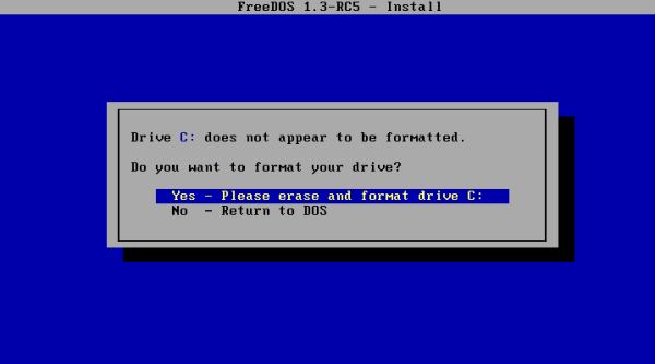 FreeDOS installation: Accept to erase and format drive C: