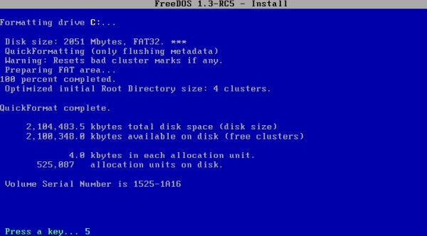 FreeDOS installation: Formatting a 2 GB drive C: using the FAT32 filesystem