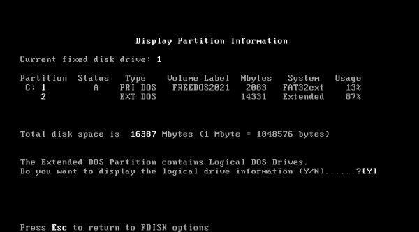 FreeDOS repartitioning: Original partition layout - primary and extended partition