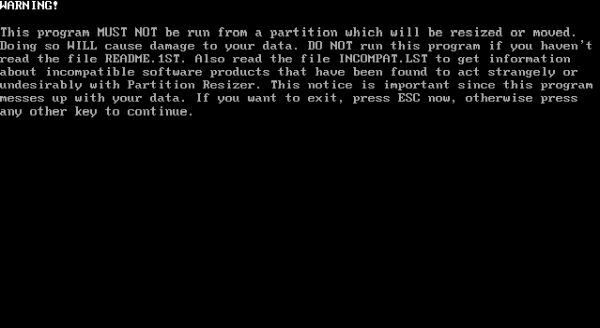 FreeDOS repartitioning: Warning message at startup of the PResizer utility