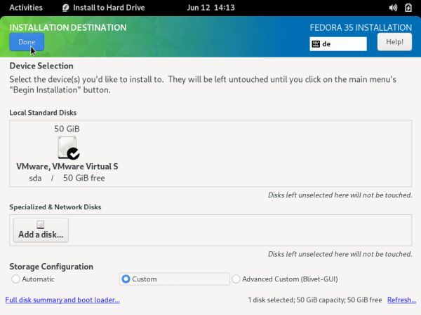 Fedora installation: Partitioning - Choosing to perform a custom partitioning