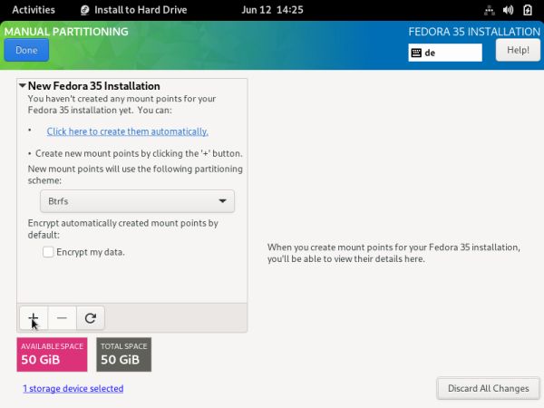 Fedora installation: Partitioning - Choosing to create a new partition of half the disk size