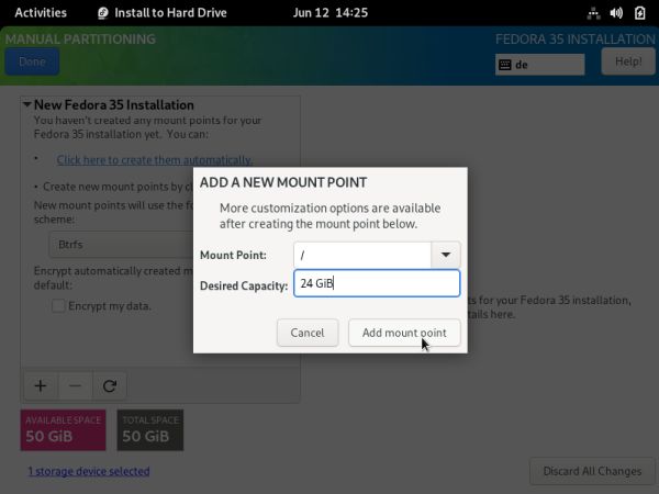 Fedora installation: Partitioning - Adding a mountpoint for the root partition