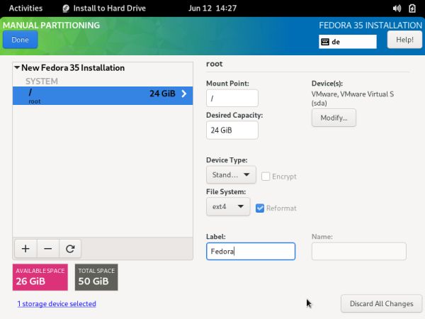 Fedora installation: Partitioning - Configuring the root partition