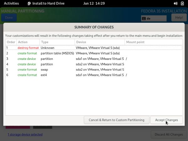 Fedora installation: Partitioning - Applying partition changes on the harddisk