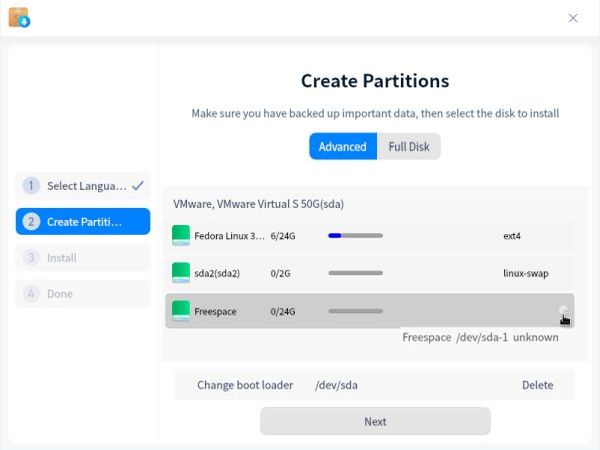 Deepin installation: Partitioning - Choosing to create a new partition in the free space