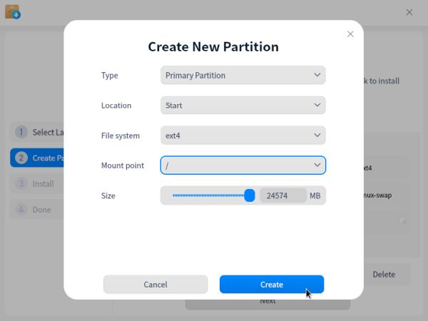 Deepin installation: Partitioning - Creating the root partition