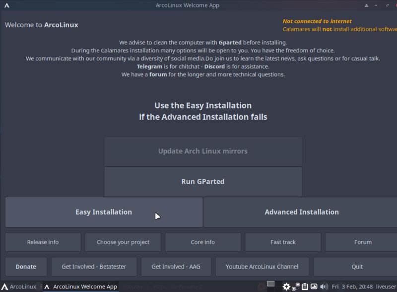 ArcoLinux and Manjaro dual boot installation: Setup of ArcoLinux using 'Easy Installation'