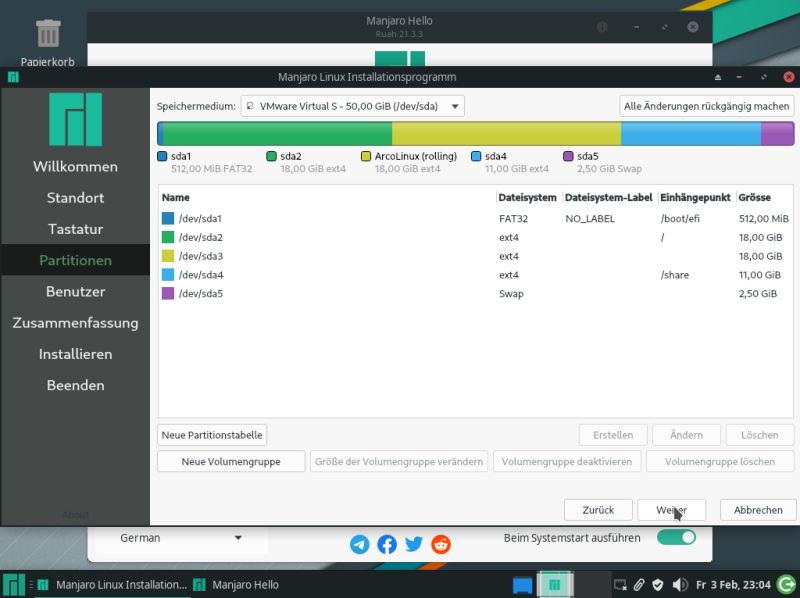 ArcoLinux and Manjaro dual boot installation: Manjaro - Custom partition layout