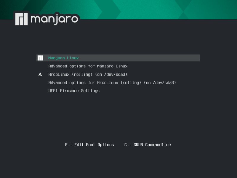 ArcoLinux and Manjaro dual boot installation: Boot menu with OS selection after installation of both systems