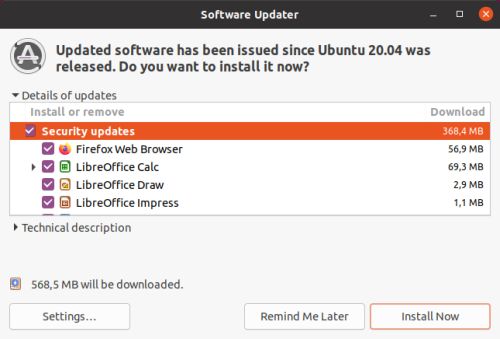 Updating Ubuntu 20.04 using 'Software Updater'