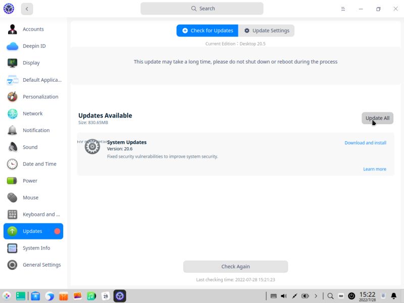 Updating Deepin Desktop 20.5 using 'System Settings > Update'